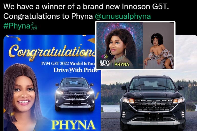 Phyna wins BBNaija season 7, Taking Innoson newest SUV IVM G5T Home