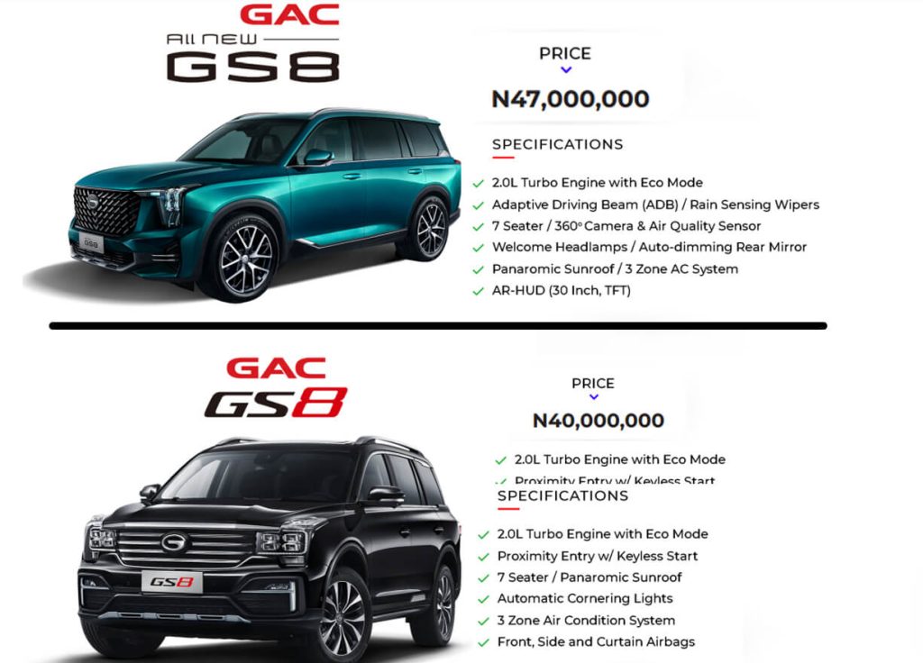 GAC GS8 Price list and spec