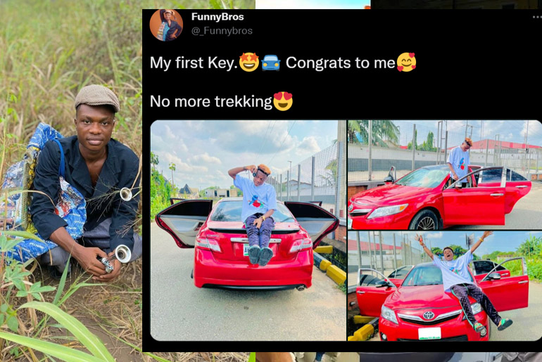 My first Key, Congrats to me, No more trekking - Nigeria Skit Make Funnybros Gift himself Toyota Camry